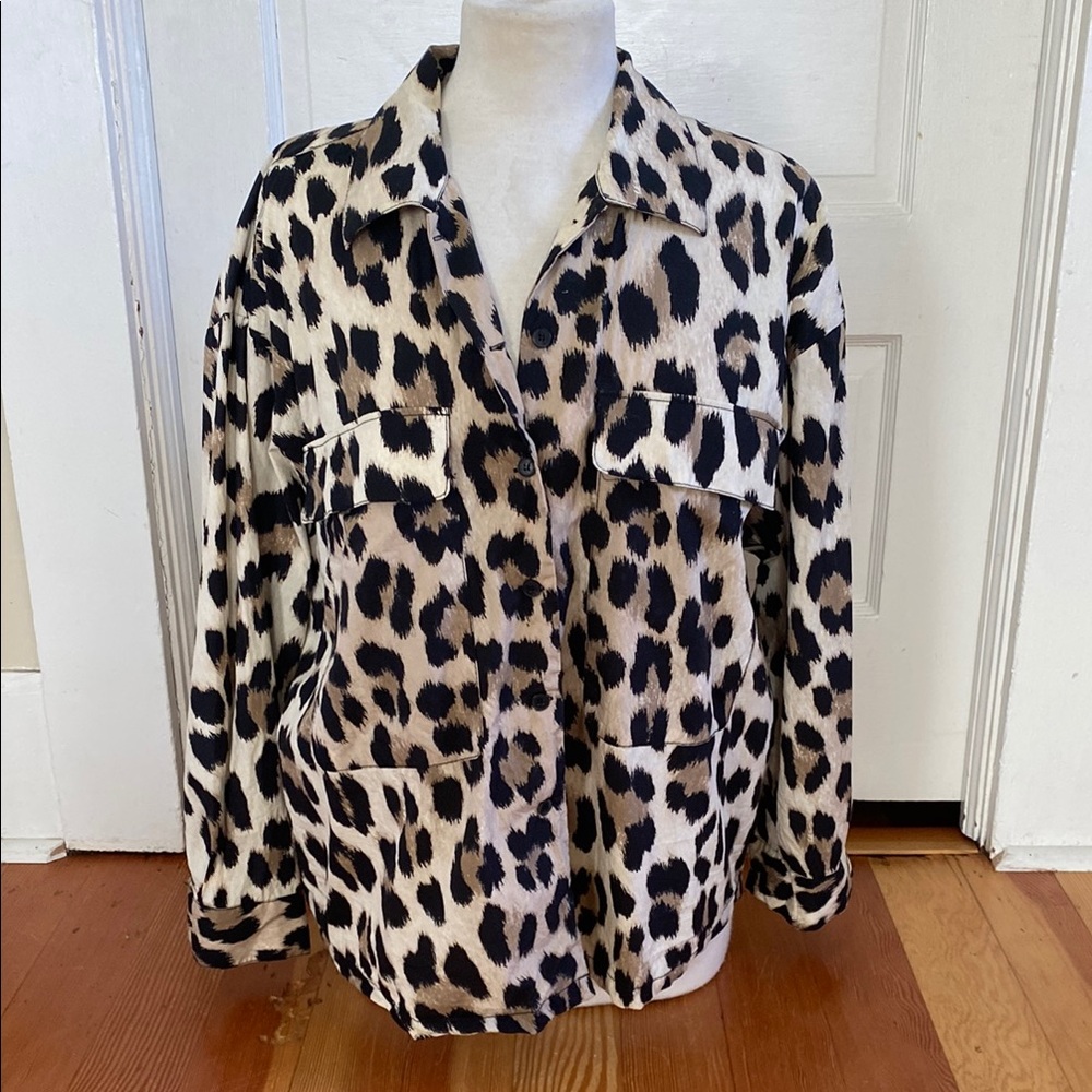 MNG Long Sleeve Button Down Leopard Print Shacket Top 10‎